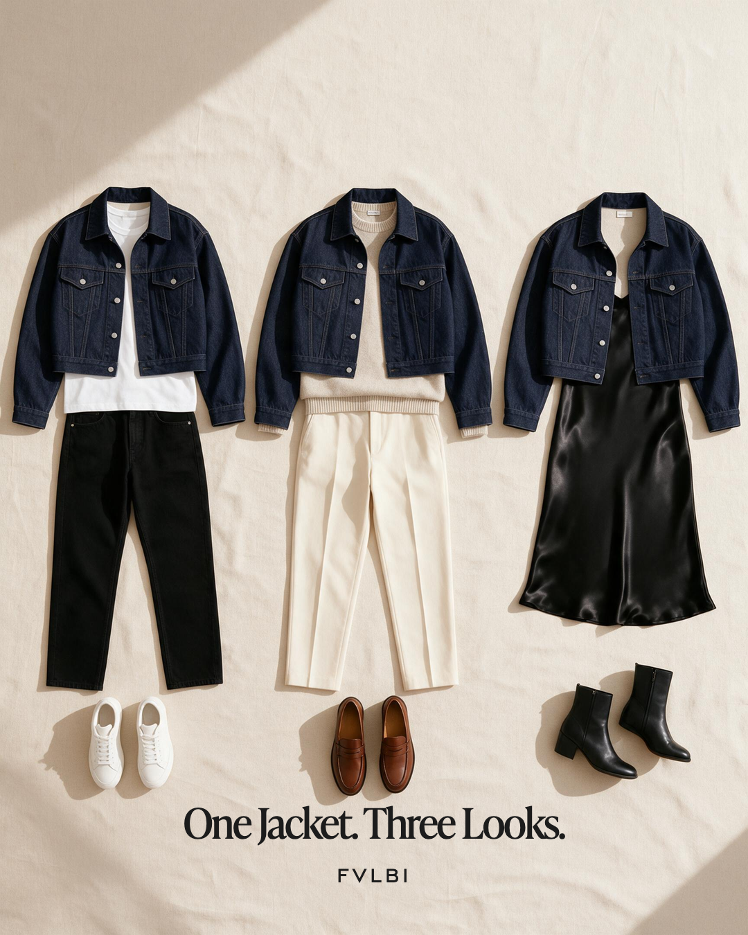 Building FVLBI: how the brand shapes the app 1 2026 Three outfit flat-lays using the same denim jacket with a tee, a cream knit and a black dress