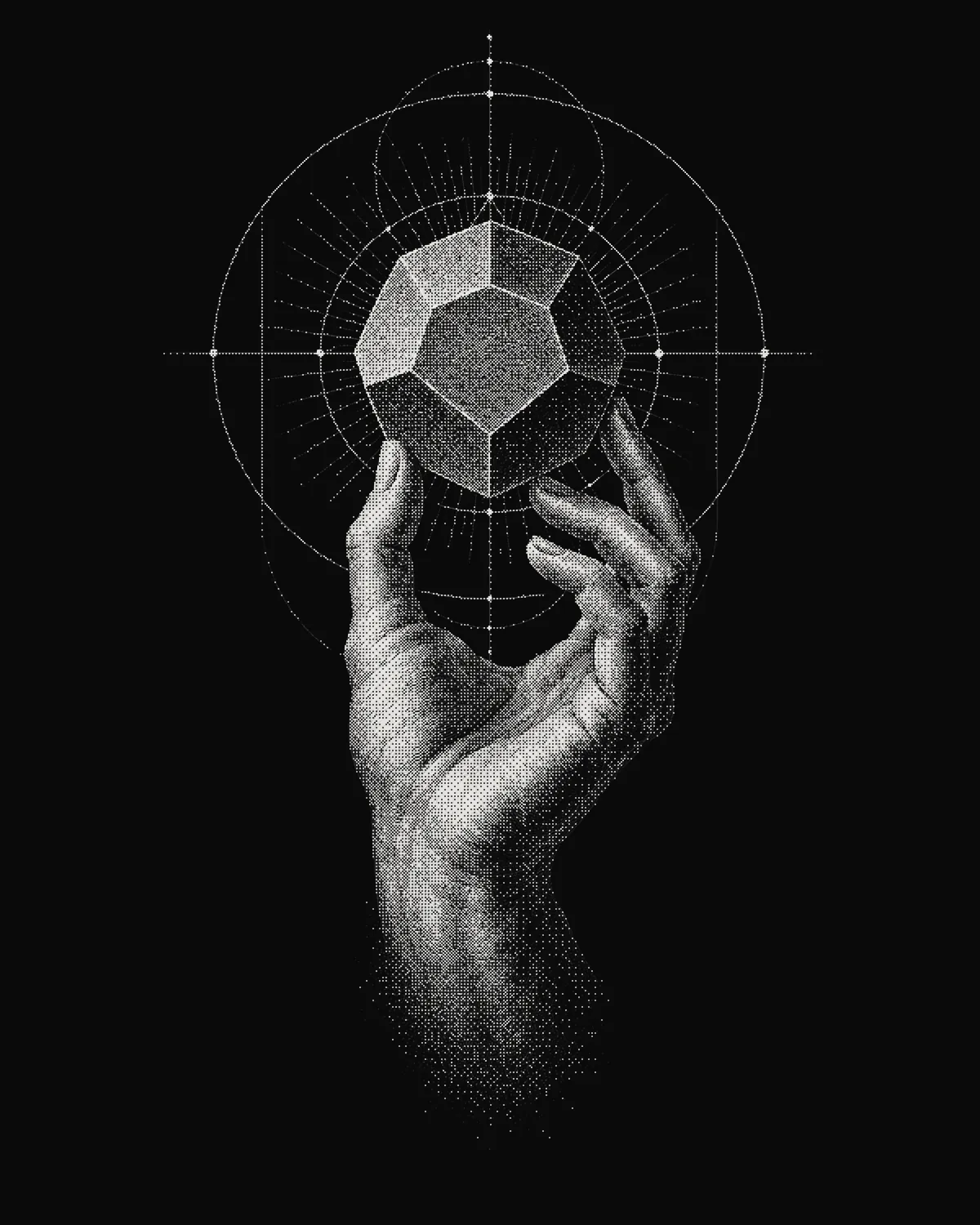 How I carry a brief between AI tools 1 2026 Monochrome engraving-style hand holding a geometric form with fine construction lines